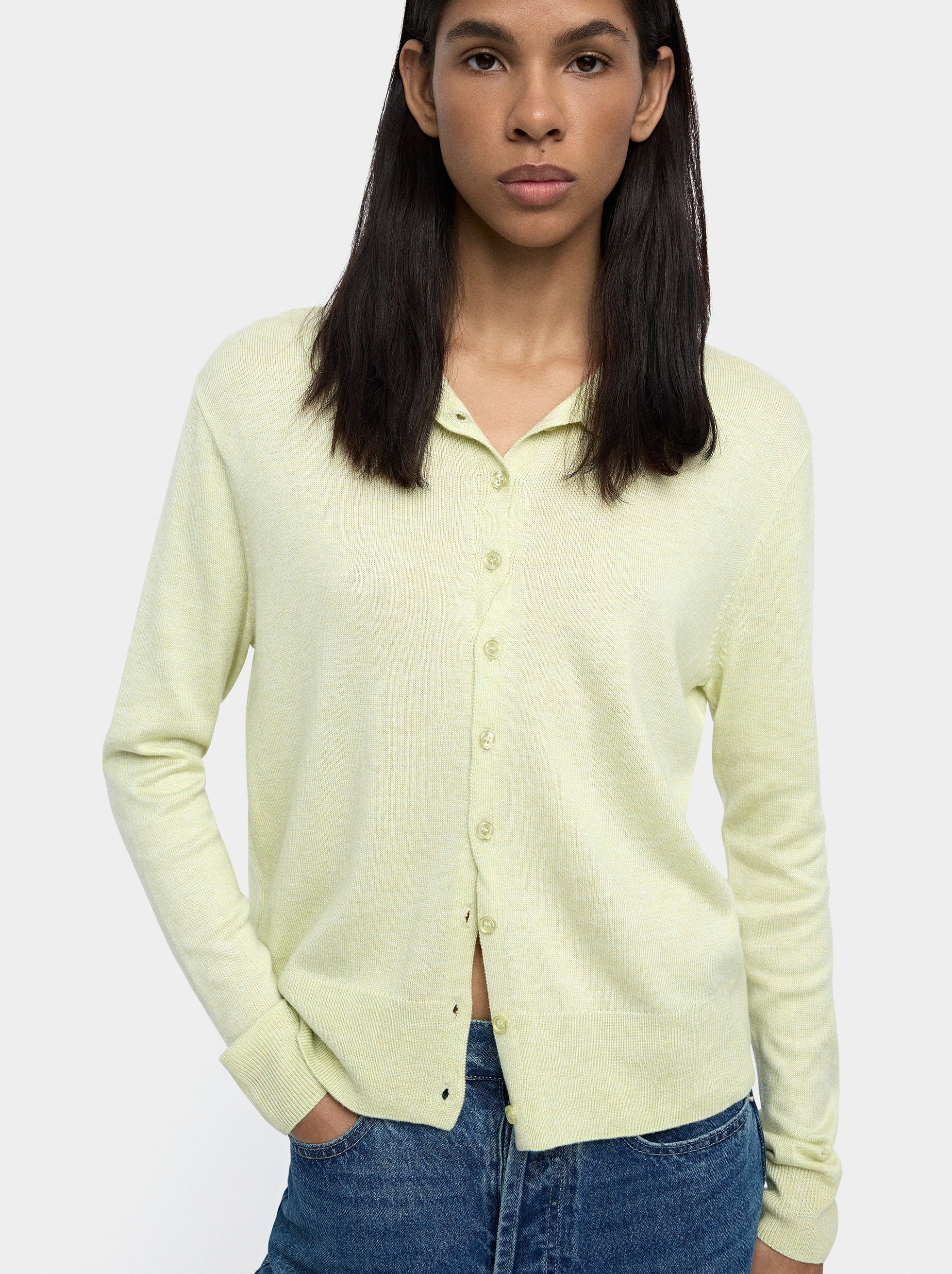 Knit mesh cardigan with high neck image number 0.0