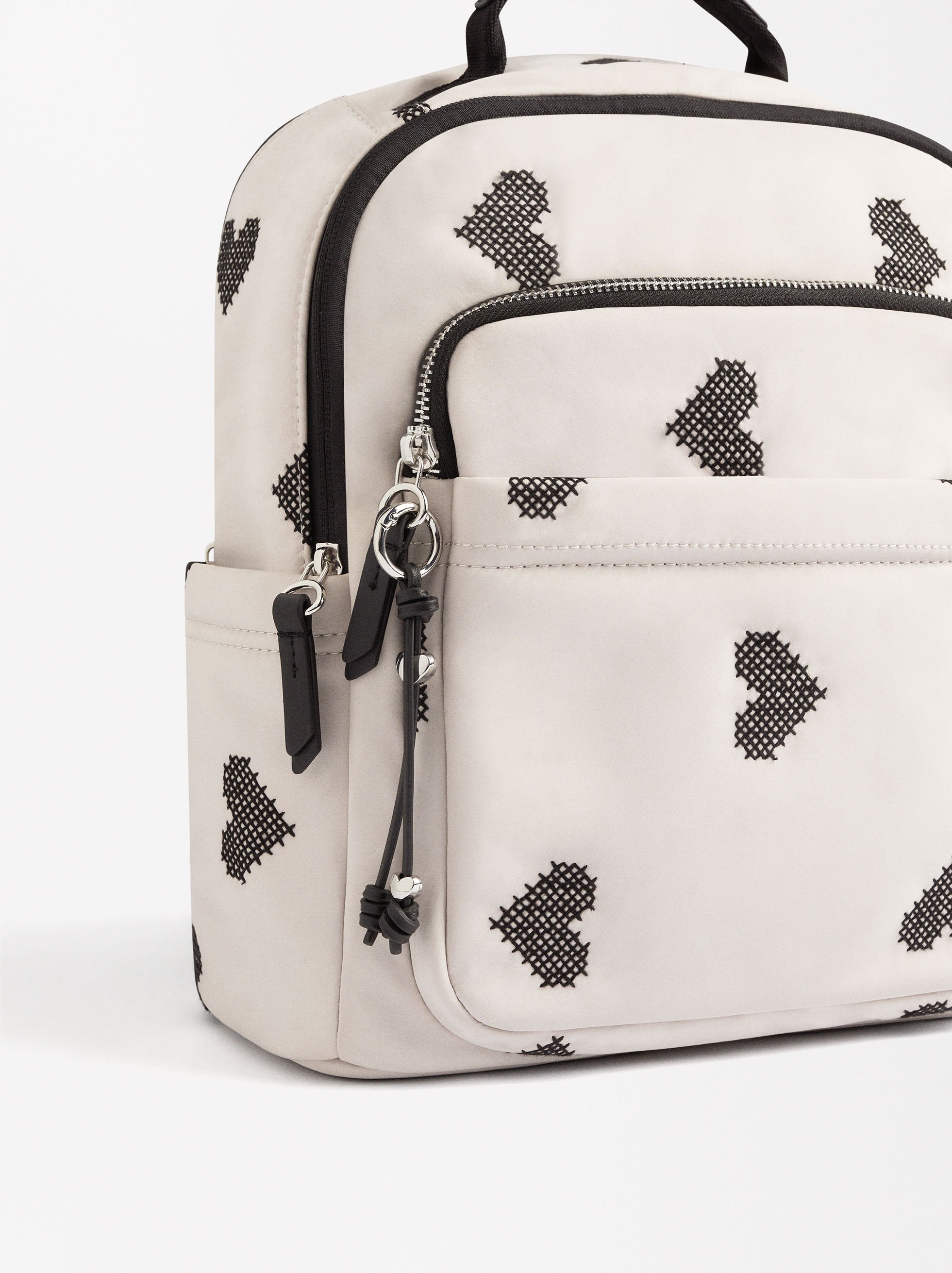 Nylon backpack with hearts embroidery image number 2.0
