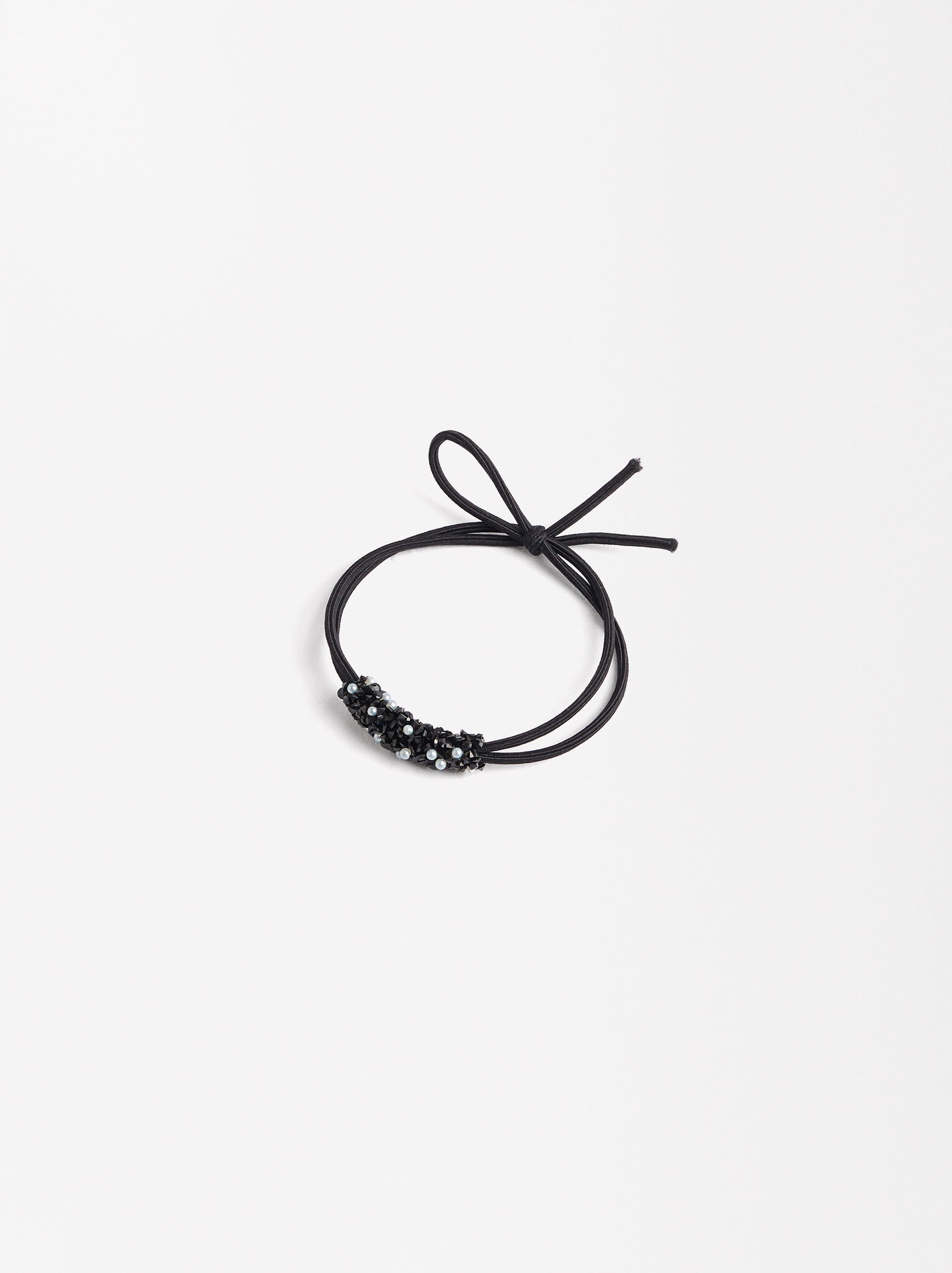 Hair elastic with pearls and beads, Black, hi-res