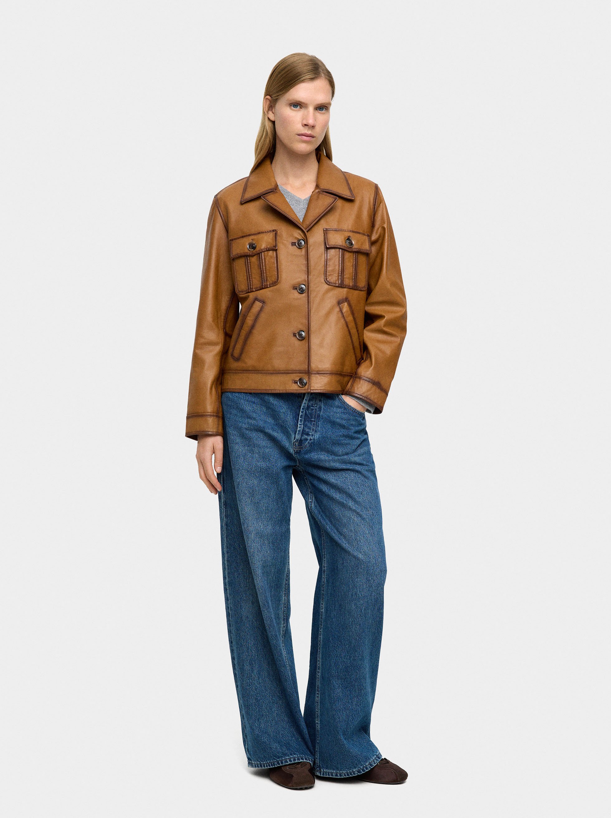 Jacke aus Leder mit markanten Steppnähten image number 0.0