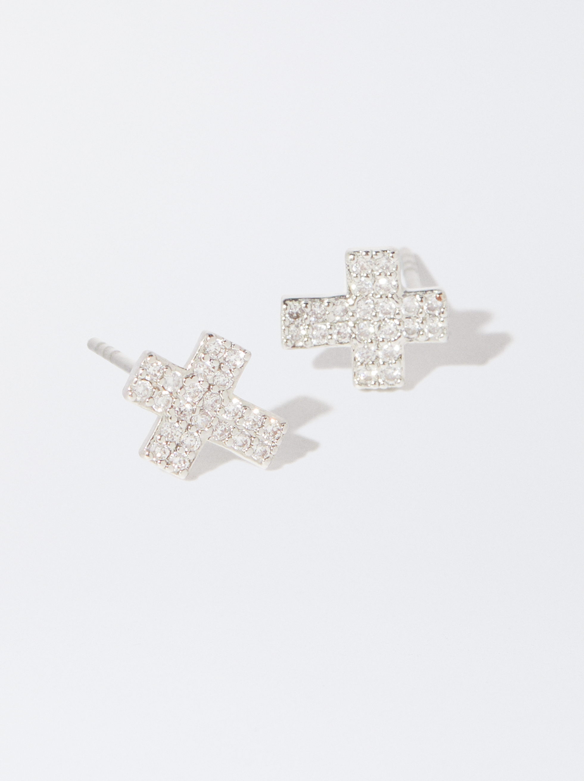 Silver-Plated Earrings With Cubic Zirconia And Crosses image number 2.0