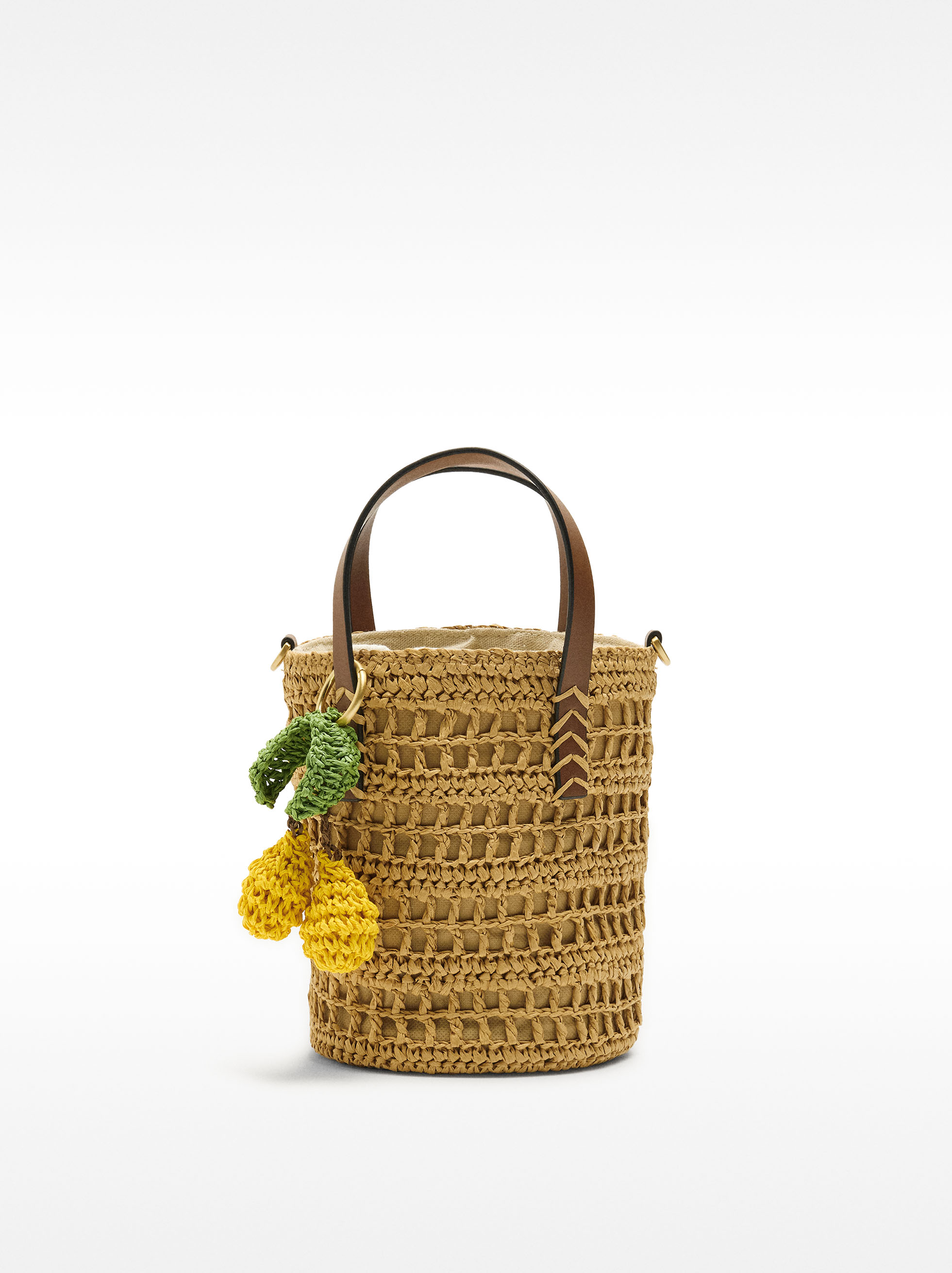 Straw-effect bucket bag with hanging detail image number 0.0