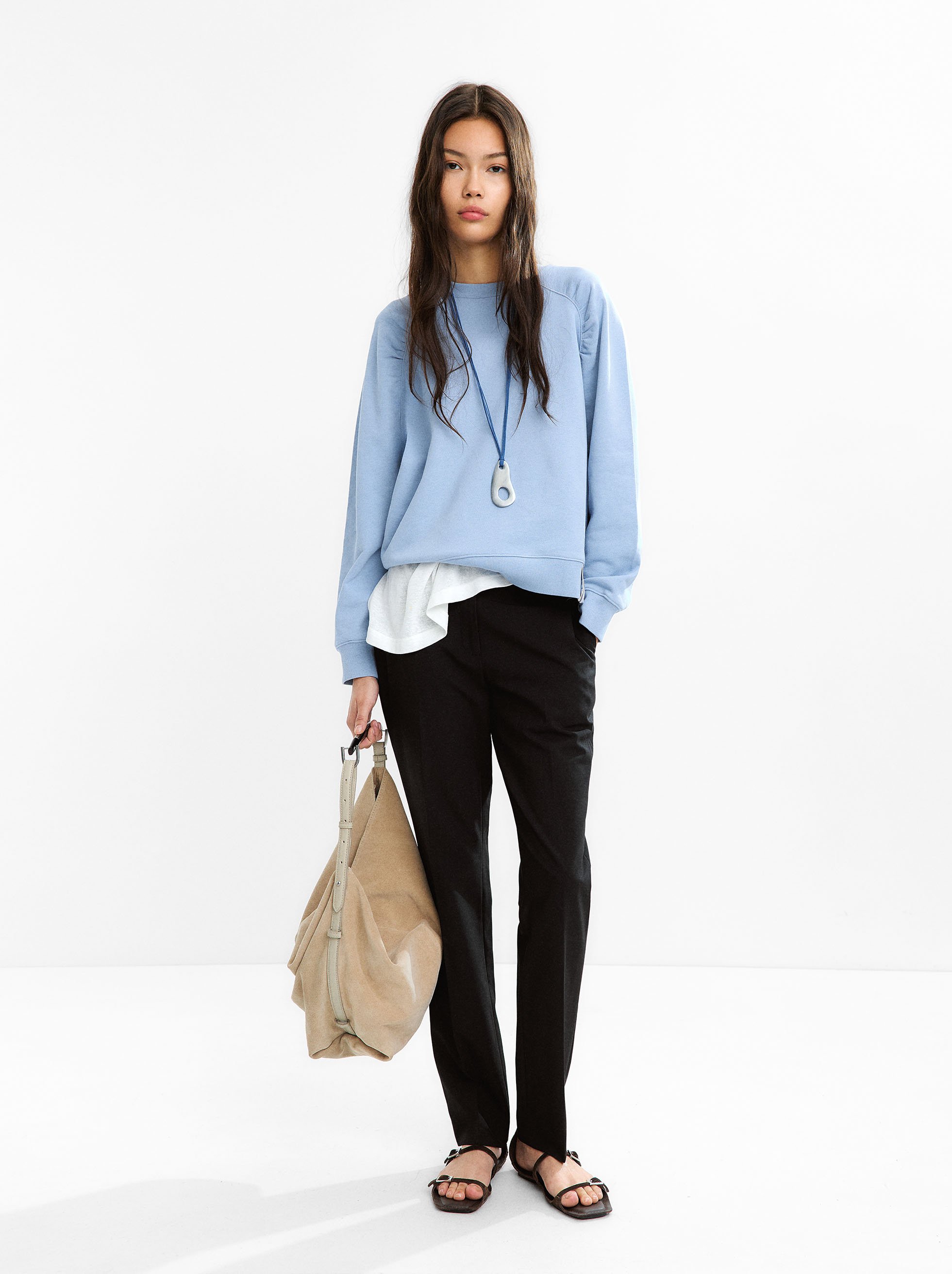 100% cotton sweatshirt with gathers, Blue, hi-res