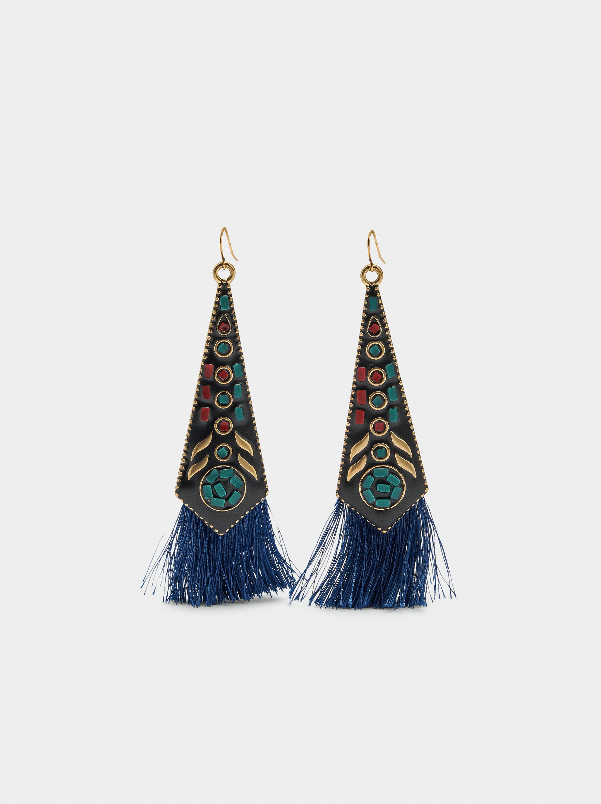 Ethnic long earrings with fringes image number 1.0