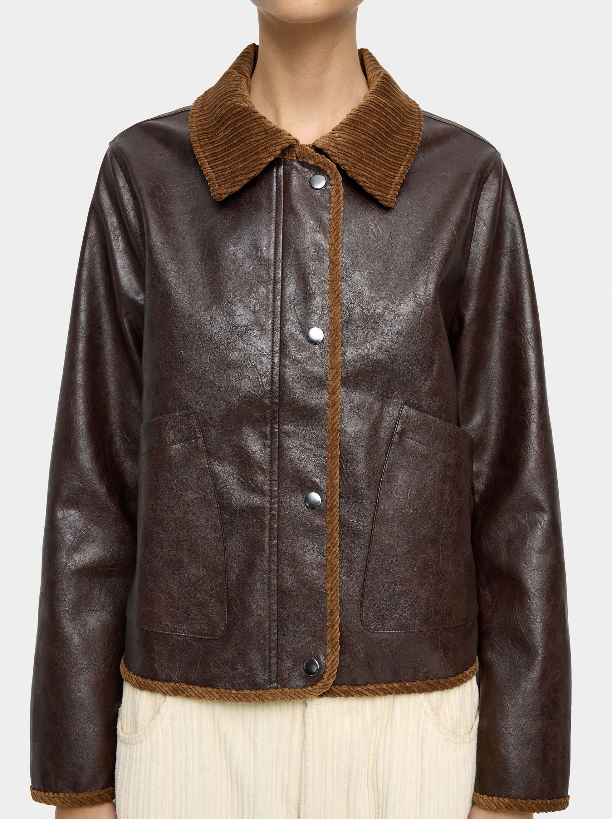 Leather-effect jacket with contrast collar image number 4.0
