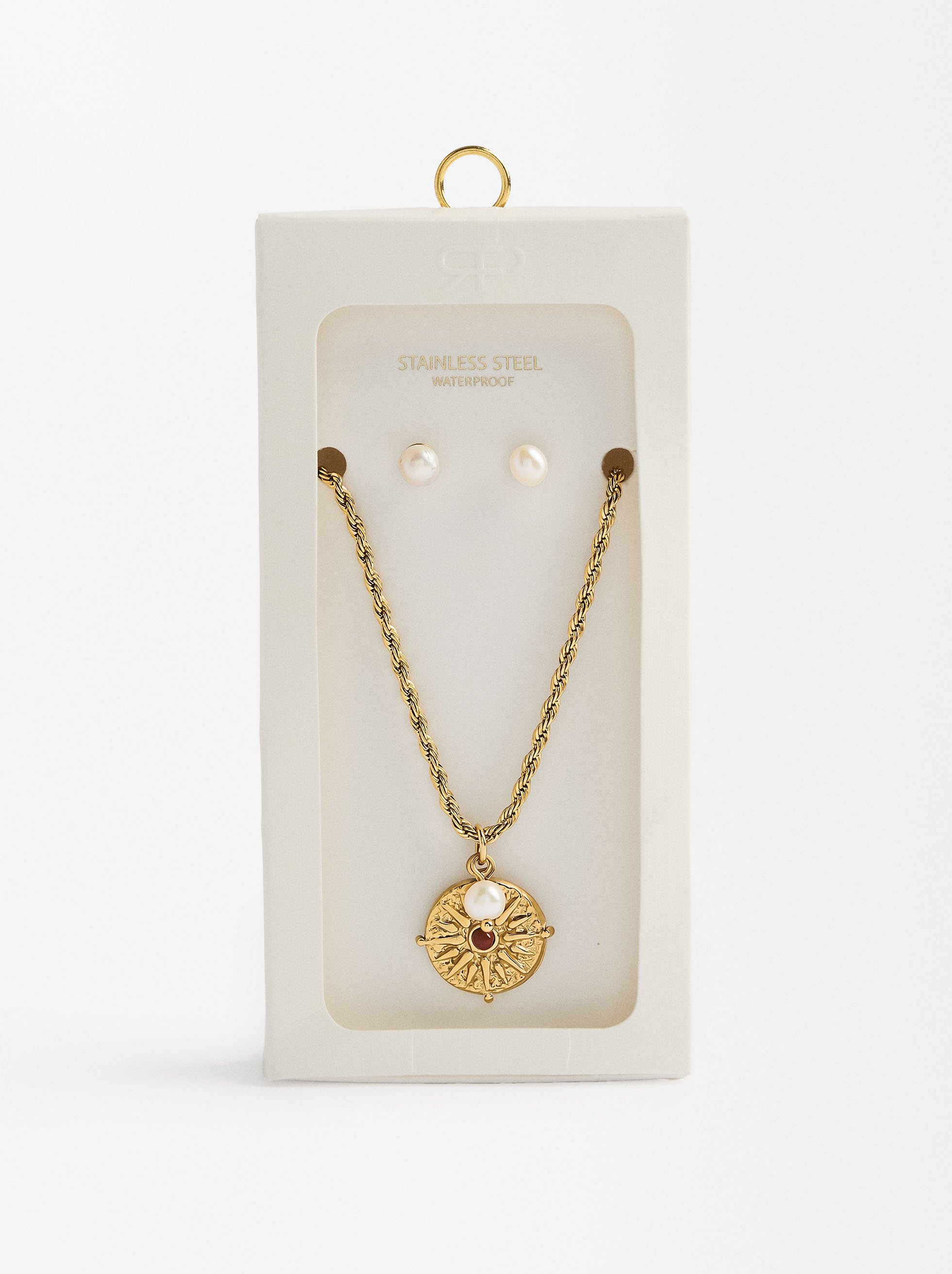 Set of necklace and earrings with pearl - stainless steel image number 1.0