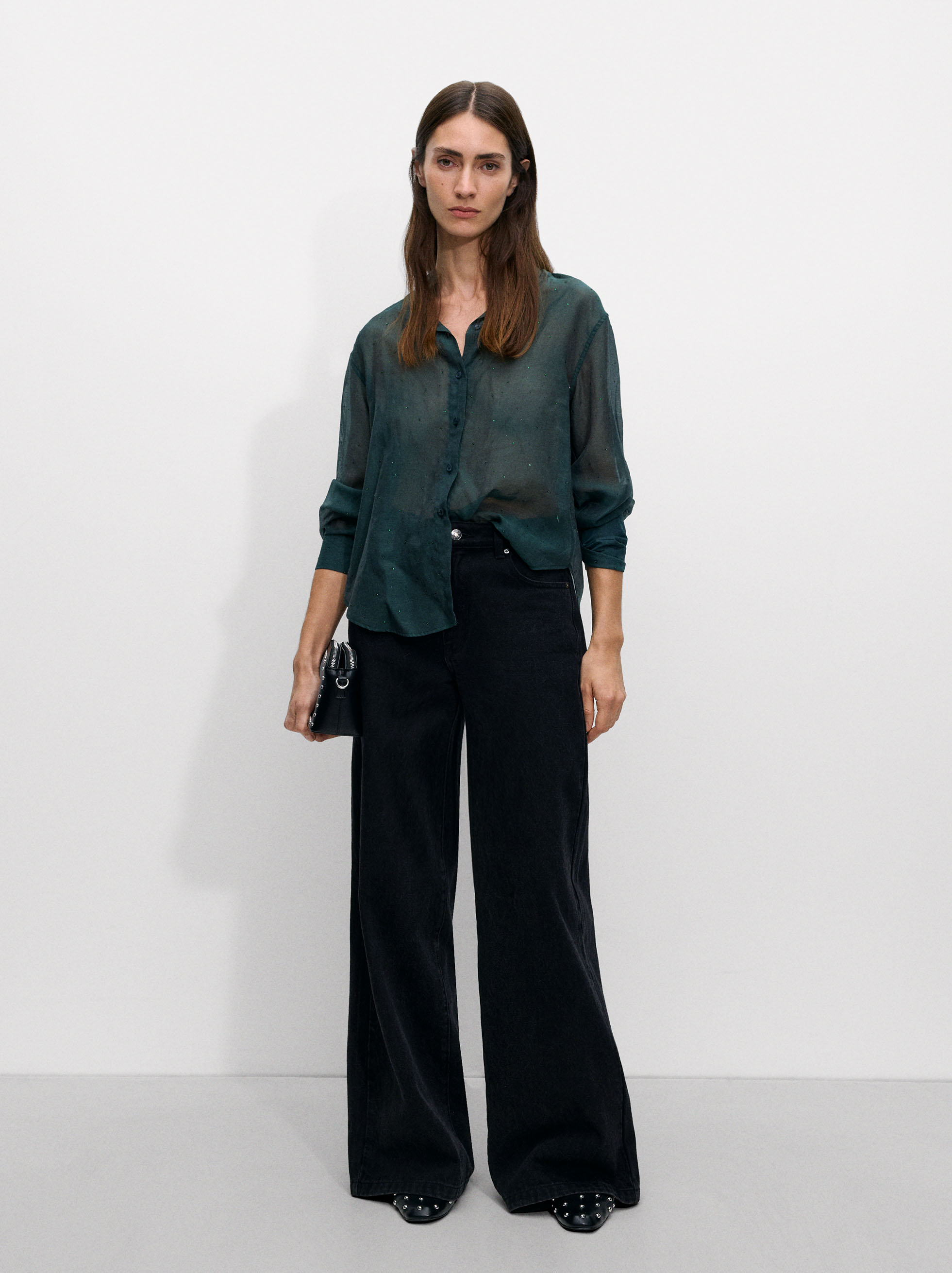 Camisa semitransparente con strass, Verde, hi-res