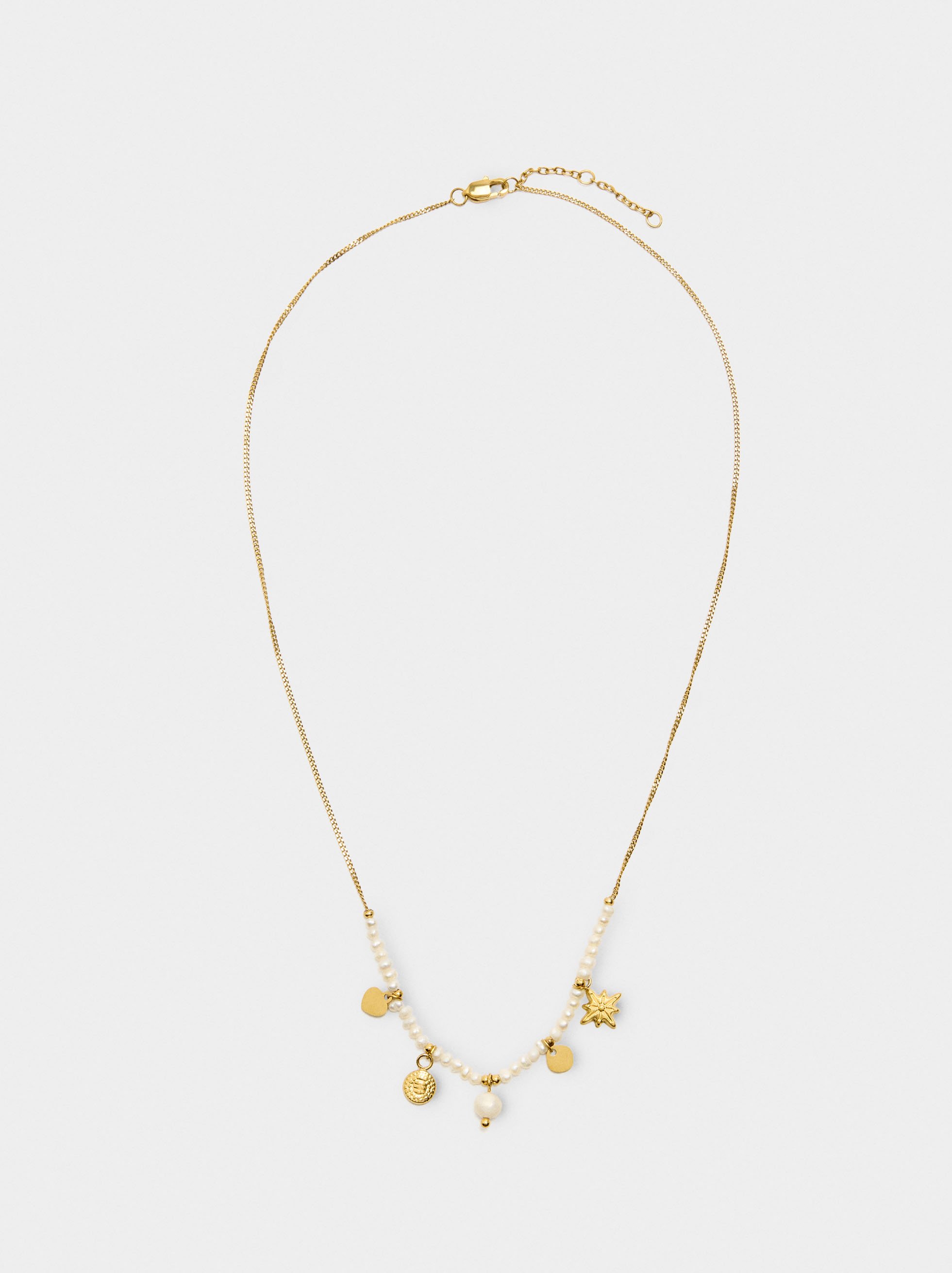 Necklace with charms and freshwater pearls - stainless steel image number 1.0