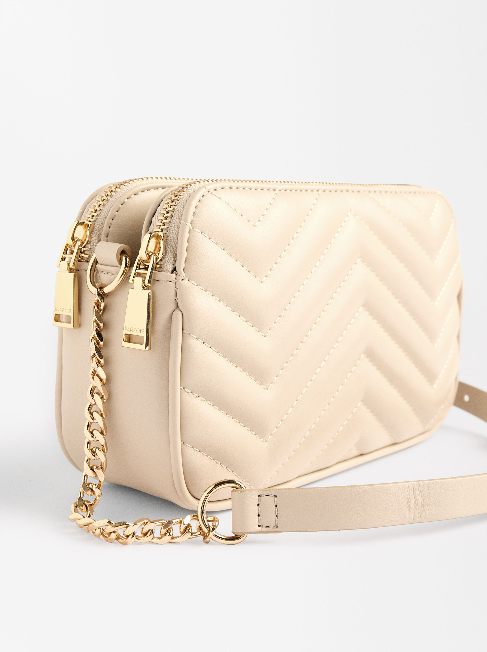 Quilted crossbody bag with chain, Ecru, hi-res