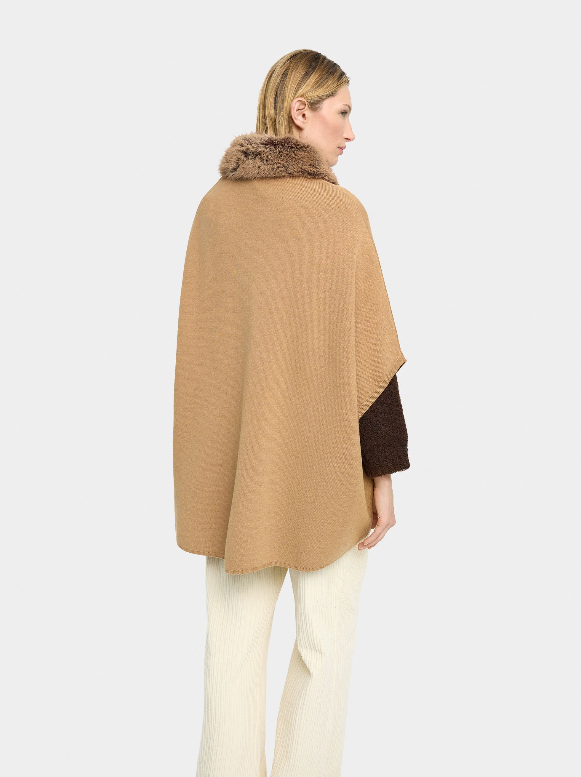 Knit poncho with fur-effect collar image number 3.0
