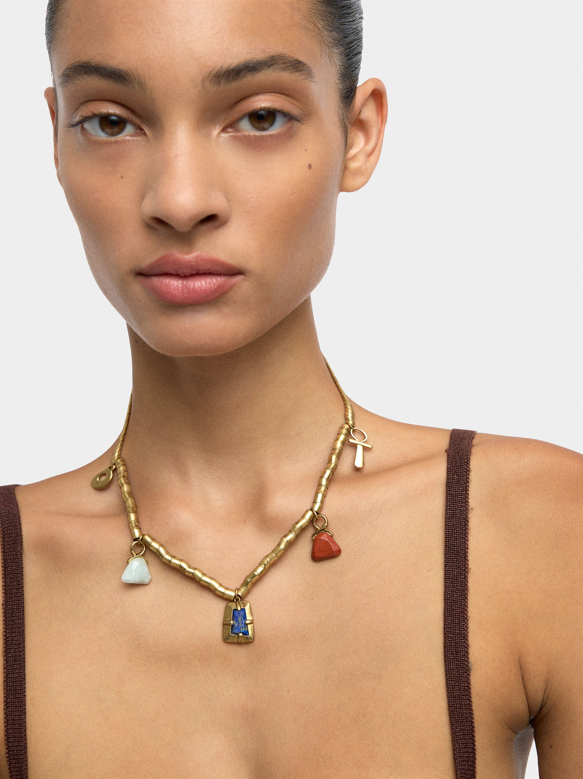 Collier chaîne en serpent avec pendentifs en pierre image number 1.0