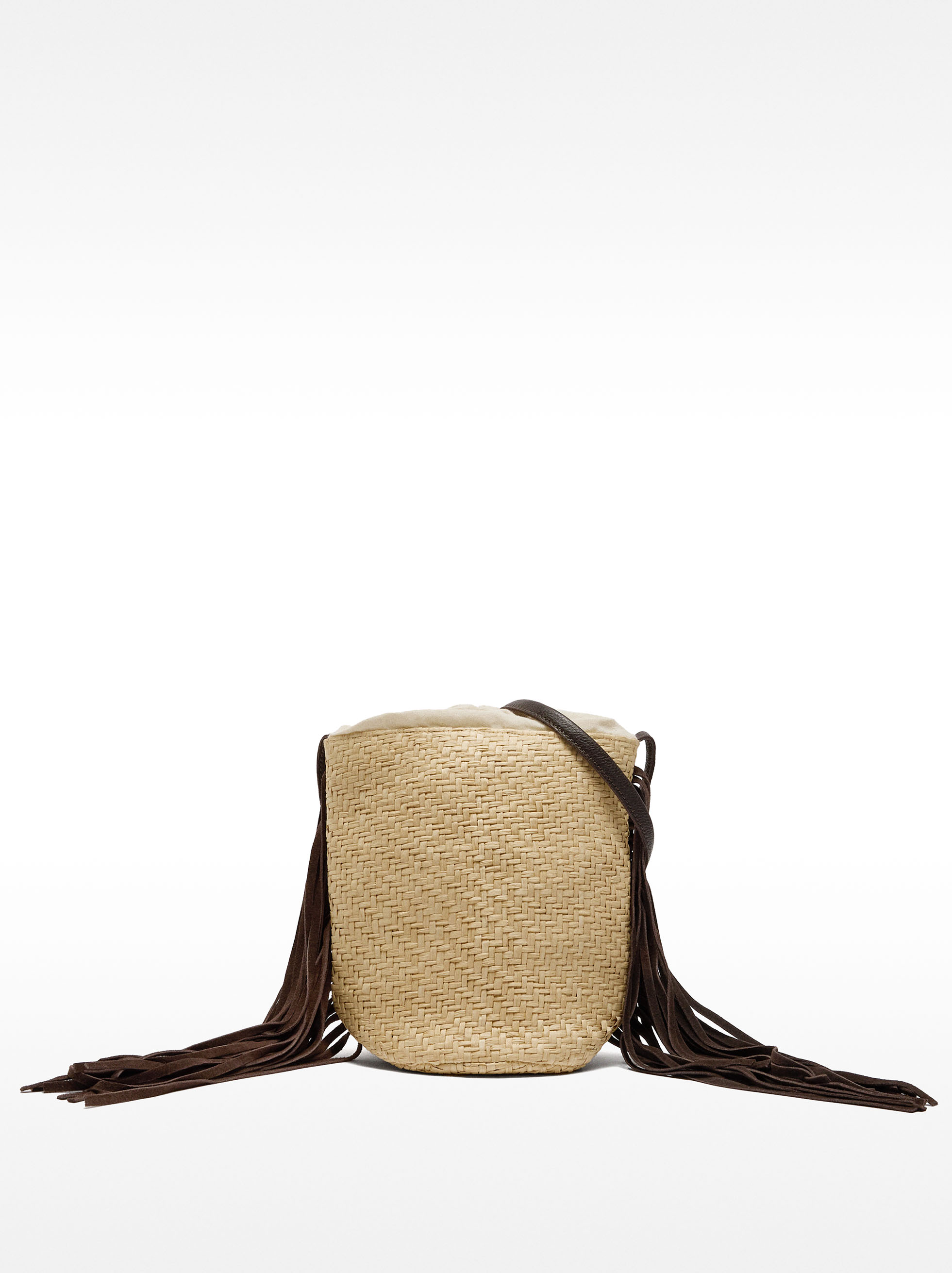 Borsa secchiello in rafia con frange in pelle