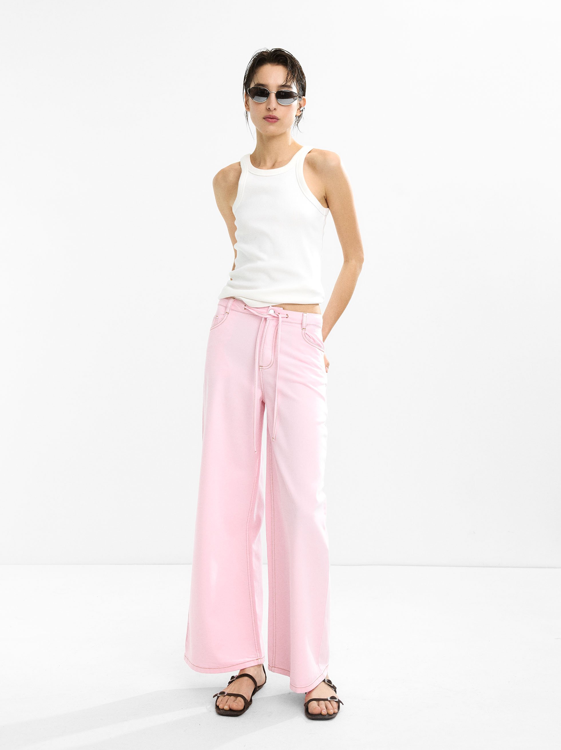 Pantalón denim wide leg, Rosa, hi-res